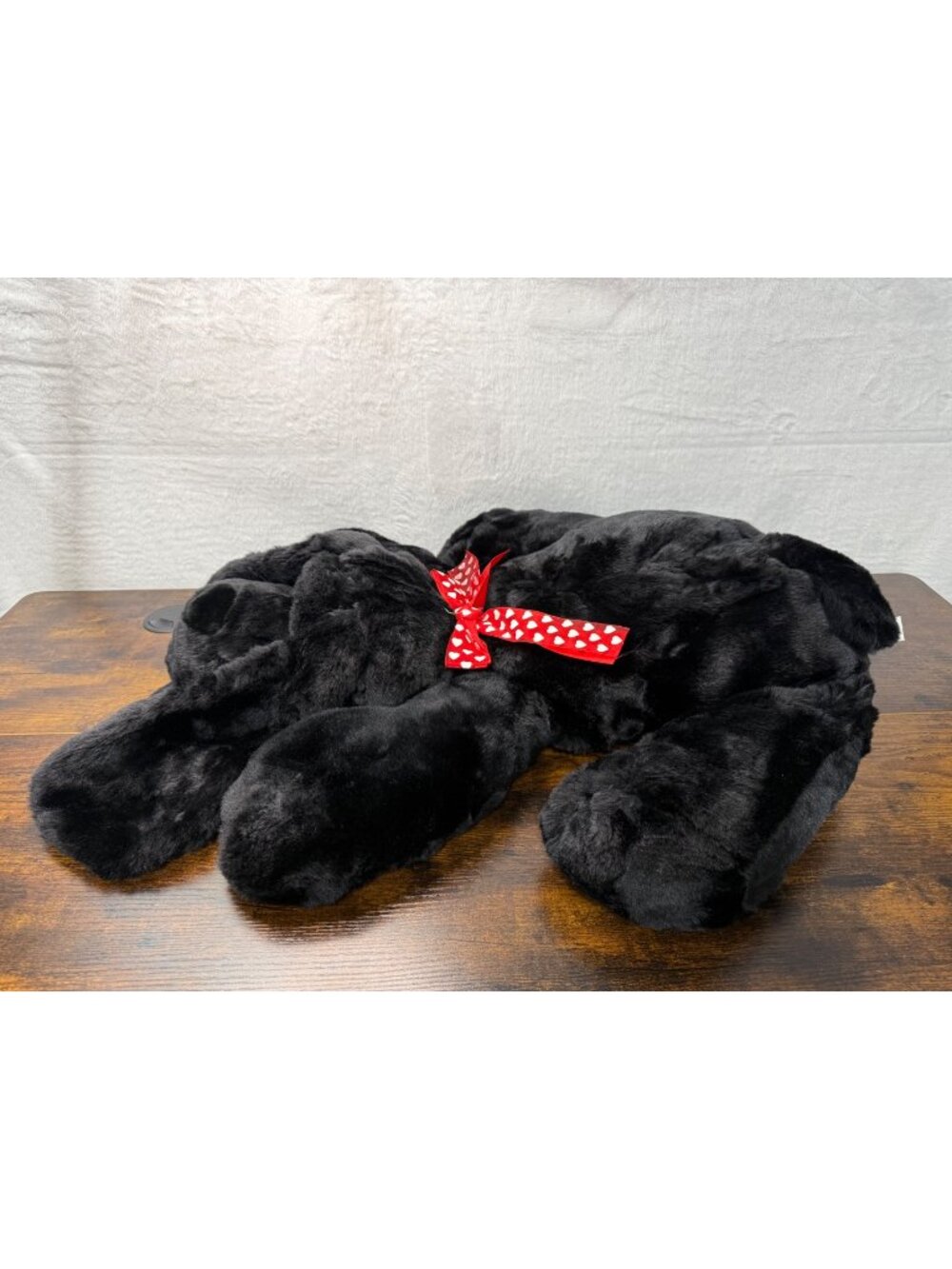 Vintage Black Plush Stuffed Dog With Red Heart Bow Tie - Soft Cuddly 28 Inches
